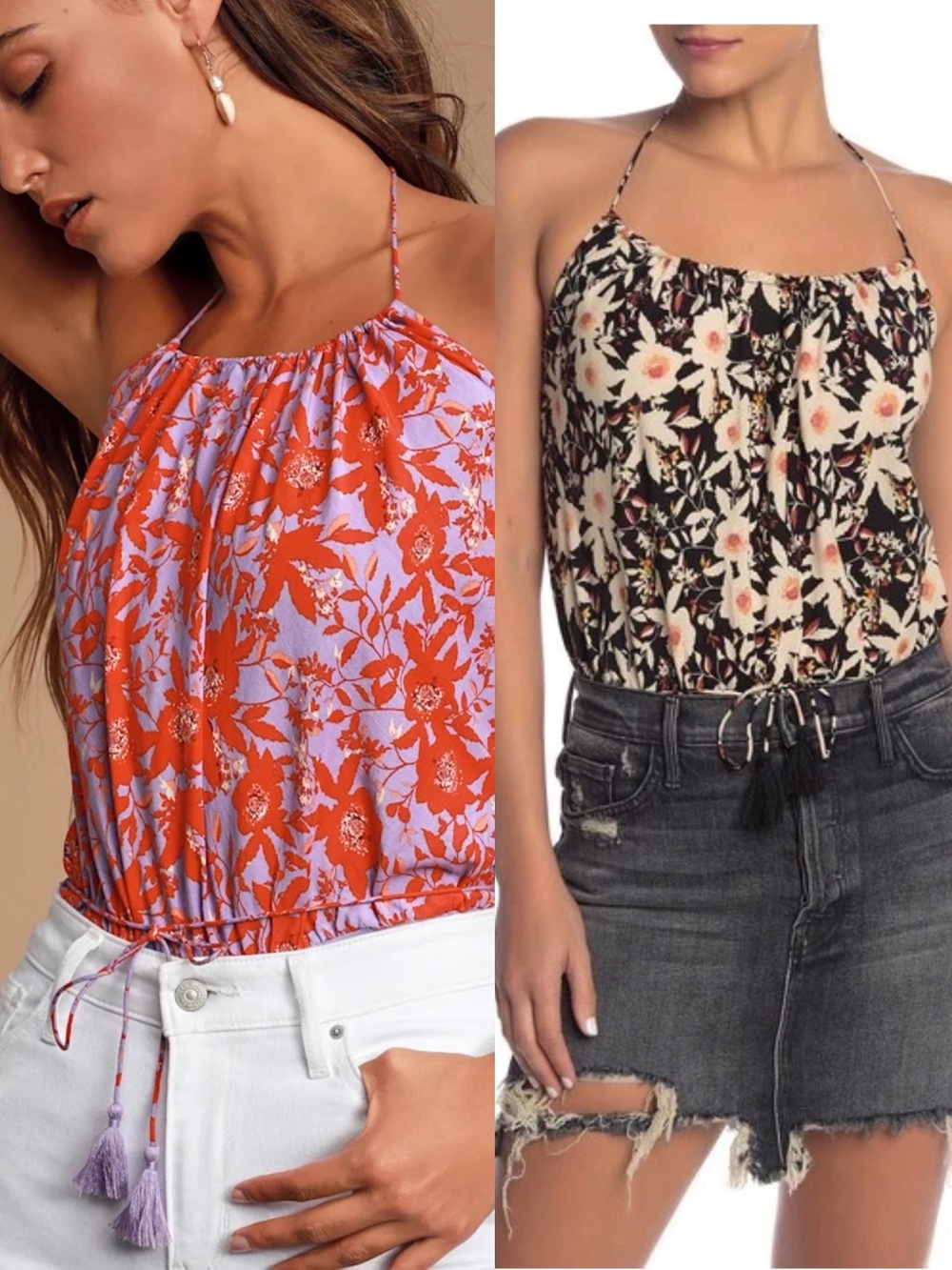 Free People NWT Floral Drawstring Halter Tank Top  Bodysuits Bundle